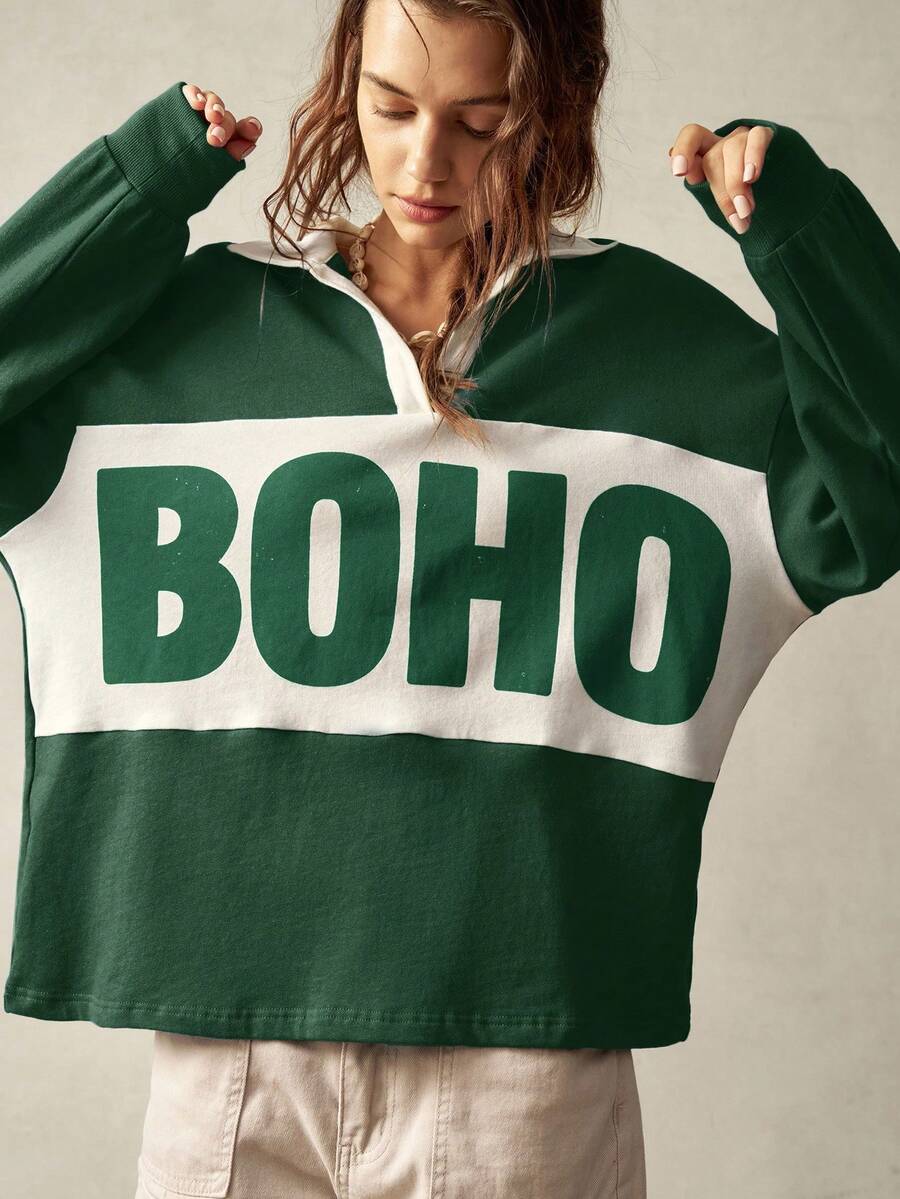 Bohemela Áo nỉ thể thao thường ngày dệt kim chắp vá cổ dài tay rộng rãi cho nữ Áo sơ mi Boho Áo phông Boho Áo nỉ nữ Áo nỉ xanh lá cây cho mùa thu/đông - Nhiều màu - Xem 1