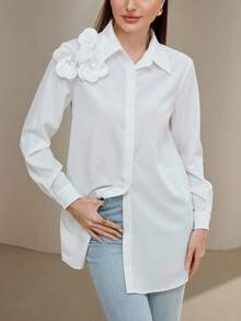 Veilorie 女式纯色 3D 花卉装饰长袖时尚衬衫 - 白色 - 查看 2