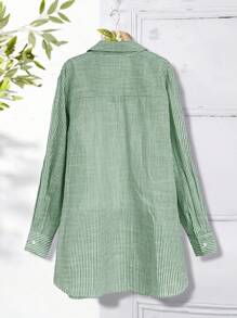 Rusticease Plus Size Long Sleeve Casual Striped Shirt,Fall Women Clothes Green - Dark Green - View 2