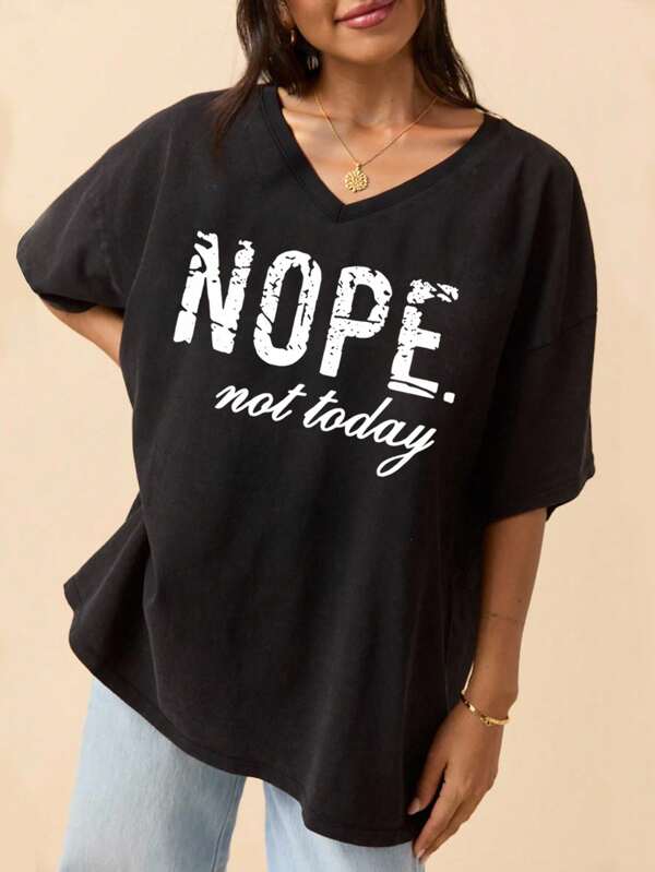 ReShift Großes V-Ausschnitt Kurzarm T-Shirt mit Slogan Muster, geeignet für Frühling und Sommer, Grafik T-Shirts Damen Oberbekleidung