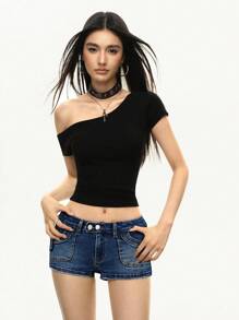 Rina Fox Quần short denim túi hai nút thường ngày dành cho nữ - Rửa tối - Xem 3