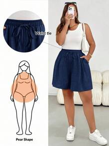 SHEIN Essnce 大码女装春夏时尚休闲宽松舒适基本款日常百搭修身松紧腰短裤，简约风格，外出，欧洲夏季，女士机场，波西米亚风，度假，老钱风格，假日 - 藏蓝色 - 查看 1