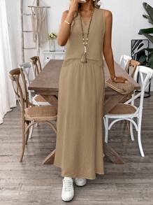 EMERY ROSE 1 Set Atasan Tanpa Lengan dan Rok Panjang Linen Warna Polos untuk Wanita - Khaki - View 3