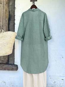 EMERY ROSE Casual Striped Half-Placket Front Short Back Long Shirt - Multicolor - View 2