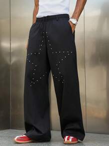 Manfinity Streetrush Pantalones de pierna ancha con cordón en la cintura, bolsillos y tachuelas con forma de pentagrama para hombres