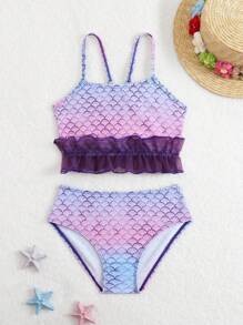 Top de bikini cu bretele subțiri și model sirenă pentru fetițe, cu fustă drăguță din plasă cu volane