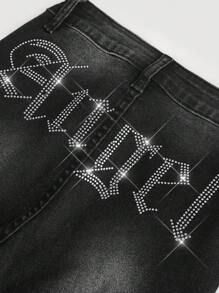 Girlism 少女秋冬Y2K复古做旧街头风日常黑色牛仔亮片字母水钻装饰高弹力修身喇叭牛仔裤，新品上市，适合返校和街头穿搭 - 黑色 - 查看 5