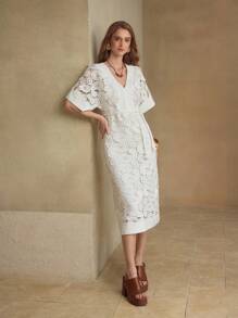 MOTF PREMIUM 佩斯利花纹蕾丝腰带中长连衣裙 - 白色 - 查看 5