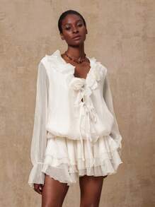 Lumalex VITNOS 秋冬聚会宴会端庄老钱风骚闪光节日派对狂欢节郊游度假热门户外丰富层次婚礼季宴会 VITNOS 女式纯色 3D 花卉装饰前系带长袖时尚迷你连衣裙 - 杏色 - 查看 5