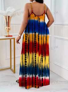 SHEIN Lady Vestido de tirantes con estampado de teñido anudado, patrón de contraste de puntada, estilo casual de primavera y verano, vestido playero de bola con correas, vestido de talla grande, vestido a cuadros, vestido africano