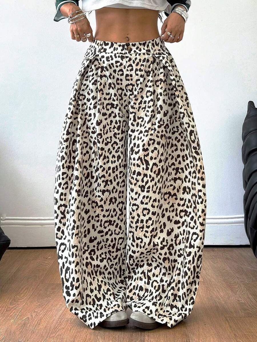 Coolane 女式夏季复古休闲嬉皮街头超大豹纹裤 - 棕色 - 查看 1