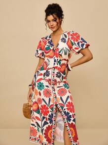 Travachic 大码女式热带花卉印花长裙，定位印花，前系蝴蝶结浪漫短袖连衣裙开衩花卉长裙女式度假连衣裙花卉中长裙印花长裙波西米亚长裙波西米亚风度假装假日装都市海岸风格乡村装复古服装教师装返校外出装 - 彩色 - 查看 6