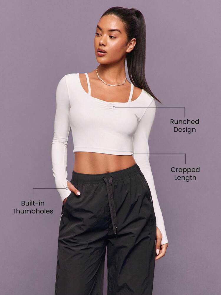 FeatherFit™ Plié Perfect Plissettato Personalizzabile Spalline Lunghezza Corta Manica Lunga Slim Fit Top Con Asole Per Il Pollice Yoga Pilates Barre Studio Abbigliamento Attivo Quotidiano