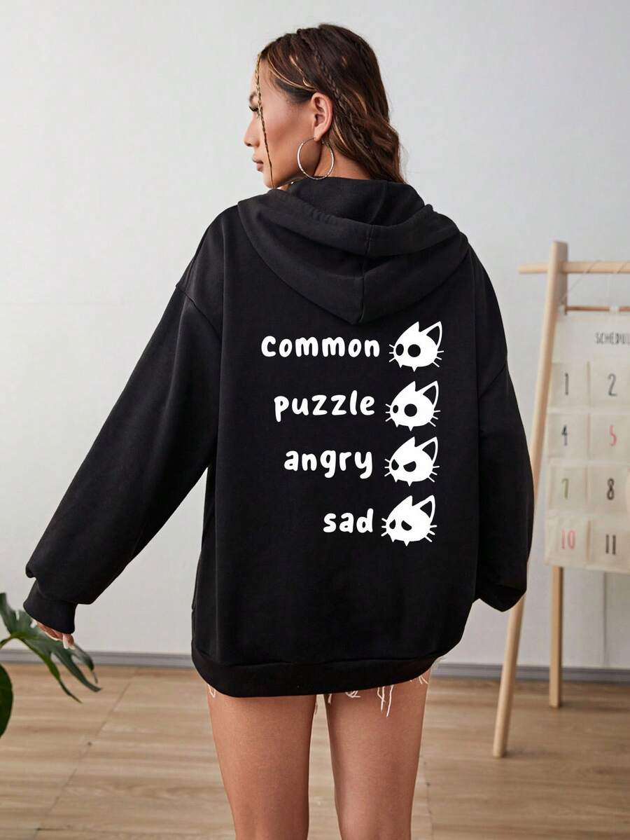 SHEIN EZwear Slogan & Cartoon Graphic Drop Shoulder Hoodie - Black - View 1