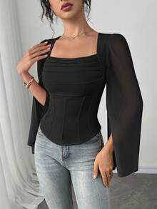 Firerie Damen Einfarbige Plissee Kragen Chiffon Schlitz Langarm Bluse, Business Lässig Sommer für Frauen - Schwarz - Übersicht 3