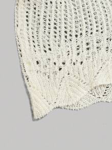 LanaWest Women Striped Round Neck Drop Shoulder Long Sleeve Hollow-Out Crop Sweater Knit Pullover Fall Winter