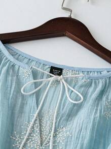 Linhara Women Plus Size Snow Flake Embroidered Tasseled Tie Front 3/4 Sleeve Loose Blouse