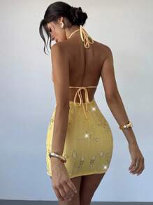 Firerie 女士性感露背挂脖亮片紧身迷你连衣裙，金属装饰，适合派对、音乐节、约会、度假，梅紫色 - 黃色 - 查看 3