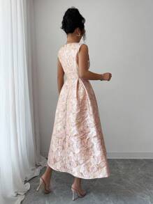 Elenzga Women's Floral Jacquard Pleated Round Neck Sleeveless Elegant Dress