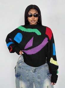 Maweii 大码撞色圆领毛衣，秋冬休闲针织套头衫 - 彩色 - 查看 4
