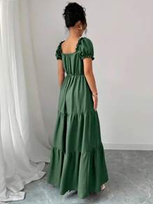 SHEIN Elenzya Elenzga 女士优雅长裙，独特领口，多层拼接，荷叶边，修身设计/垂坠/分层/假日装扮/波西米亚风/浪漫花卉/度假休闲 - 綠色 - 查看 2