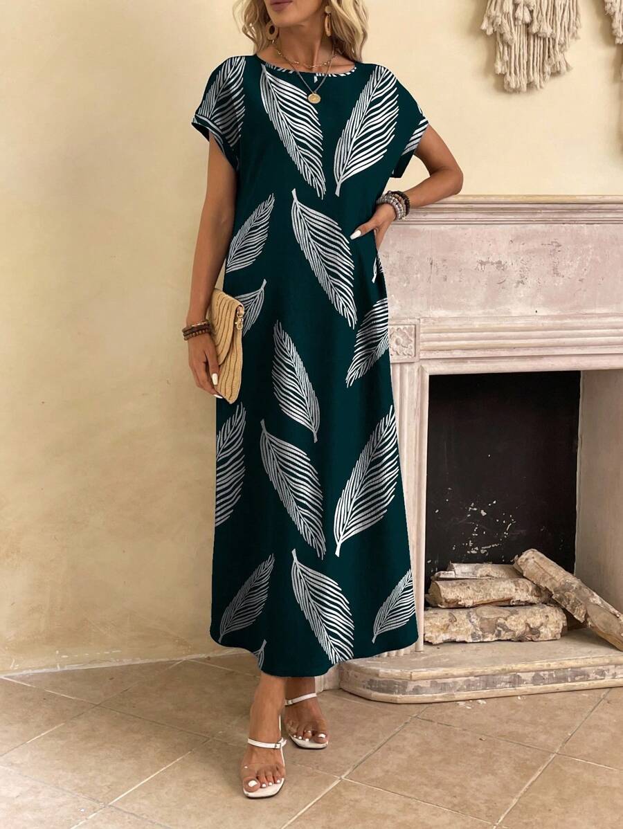 SHEIN LUNE Casual Minimalist Versatile Fresh Leaf Print Pattern Women's Dress, Spring/Summer Suitable For Going Out - Multicolor - View 1
