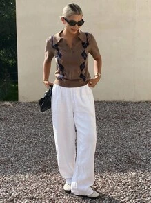 DAZY 撞色提花格子 Polo 领短袖休闲复古针织上衣，女款，秋季 - 棕色 - 查看 6