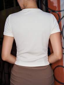 Andrea Bello Solid Button Front Rib Knit Tee Summer - White - View 2