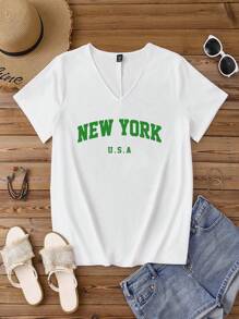 EMERY ROSE 大码女式纽约字母图案 V 领短袖 T 恤，休闲简约套头衫，夏季白色 T 恤女式