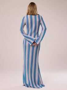 MUSERA Textured Stripe Knit Flared Maxi Dress Spring Summer Vacation Boho Ibiza Elegant Beach Cute The Beach House Festival , , Fall, Winter Summer Outfit - Blue - View 2