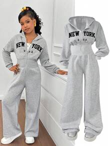 SHEIN Tween Girl Fashion Minimalist Solid Color Hooded Zip-Up Printed Letter Sweatshirt & High Waist Loose Straight Leg Pants Set Sweatsuit Set Girls Tween Girl Sweatsuit Girls 2 Piece Sweatsuit Teen Sweatsuit 2 Piece Sweatsuit Girls Girls Sweatsuit Fall Winter Sweatshirt Straight Pants Suit Tween Girl Hoodie And Pants Pre Teen Girls Teen 3pc Sweat Suit - Grey - View 1