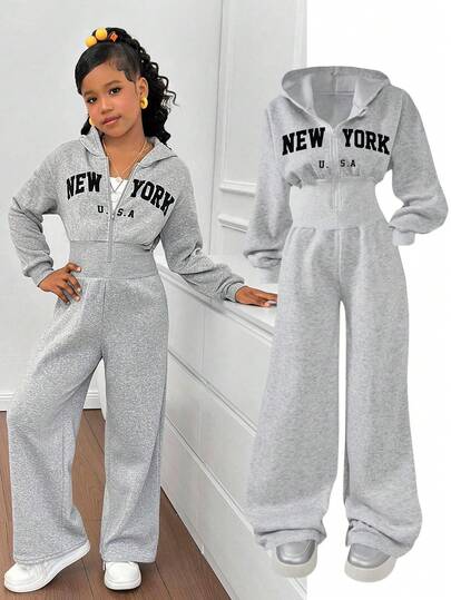 SHEIN Tween Girl Fashion Minimalist Solid Color Hooded Zip-Up Printed Letter Sweatshirt & High Waist Loose Straight Leg Pants Set Sweatsuit Set Girls Tween Girl Sweatsuit Girls 2 Piece Sweatsuit Teen Sweatsuit 2 Piece Sweatsuit Girls Girls Sweatsuit Fall Winter Sweatshirt Straight Pants Suit Tween Girl Hoodie And Pants Pre Teen Girls Teen 3pc Sweat Suit