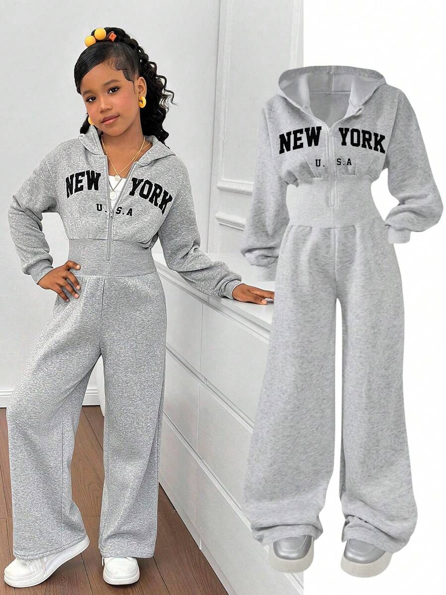 SHEIN Tween Girl Fashion Minimalist Solid Color Hooded Zip-Up Printed Letter Sweatshirt & High Waist Loose Straight Leg Pants Set Sweatsuit Set Girls Tween Girl Sweatsuit Girls 2 Piece Sweatsuit Teen Sweatsuit 2 Piece Sweatsuit Girls Girls Sweatsuit Fall Winter Sweatshirt Straight Pants Suit Tween Girl Hoodie And Pants Pre Teen Girls Teen 3pc Sweat Suit - Grey - View 1