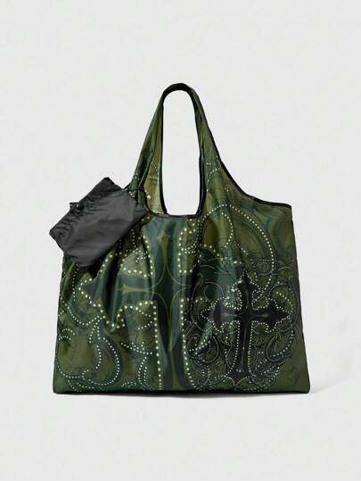 Goth 1pc Green Cross Waterproof Large Capacity Foldable Shopping Bag, Suitable For Camping, Travel, Shopping, Back To School And Other Occasions