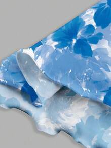 SHEIN MOD 休闲优雅蓝白花卉印花垂坠领无袖迷你连衣裙，适合夏季度假 - 彩色 - 查看 4