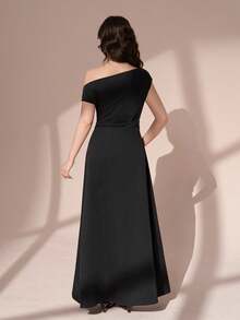 Pitira Pitira 少女黑色优雅不对称肩部褶饰腰部修身 A 字裙，适合节日、派对、农历新年、聚会、返校季 - 黑色 - 查看 2