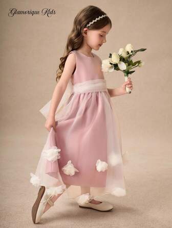 Glamorique Kids Girls Sleeveless Satin & Tulle Floral Print Princess Dress, Cute & Sweet Holiday/Wedding Flower Girl Dress Blush Pink Dress For Girls Special Occasion Dress For Girls Little Girl Formal Dress
