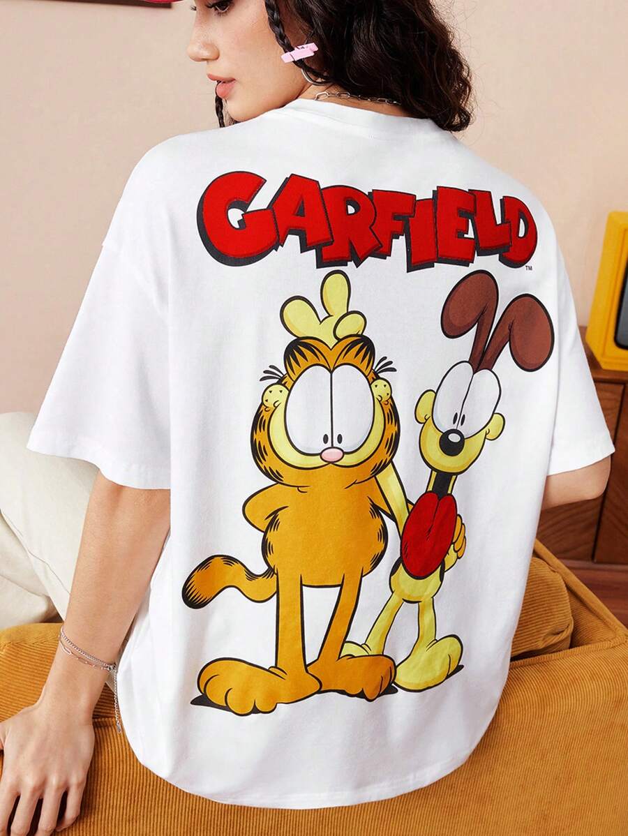 GARFIELD | SHEIN 女款白色宽松短袖T恤卡通图案猫咪图案图形可爱休闲百搭日常夏秋 - 白色 - 查看 1