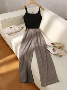 Franclia Women Casual Tank Top, Women Straight Leg Casual Striped Pants, Versatile - Khaki - View 2