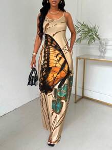 Lunelith SHEIN Lunessa 夏季时尚蝴蝶和花朵印花细肩带长裙女装