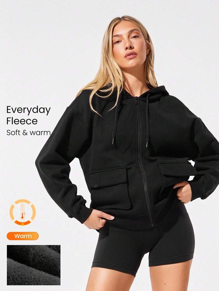 Everyday Fleece Cool Cargo Soft Lightweight Cozy Oversized Cargo Pockets Zip Hoodie Sweatshirt Daily Casual Fall Winter