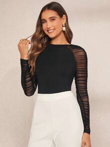 Amorya Kontrastowa siatka Pomarszczona Rękkaw Raglanowy Topy - Czarne - Zobacz 3
