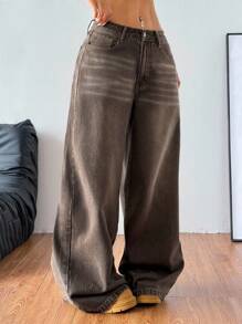 SHEIN PETITE CURVE Plus Size Summer Fall Clothes Autumn Clothes Back To School Homecoming Cute 2000s Style Kawaii Y2k Airport For Women Modest Old Money Tulum Grunge Korean Style Washed Wide Leg Brown Jeans Baggy Jeans Wide Leg Pants Woman,Fall Clothes For Women