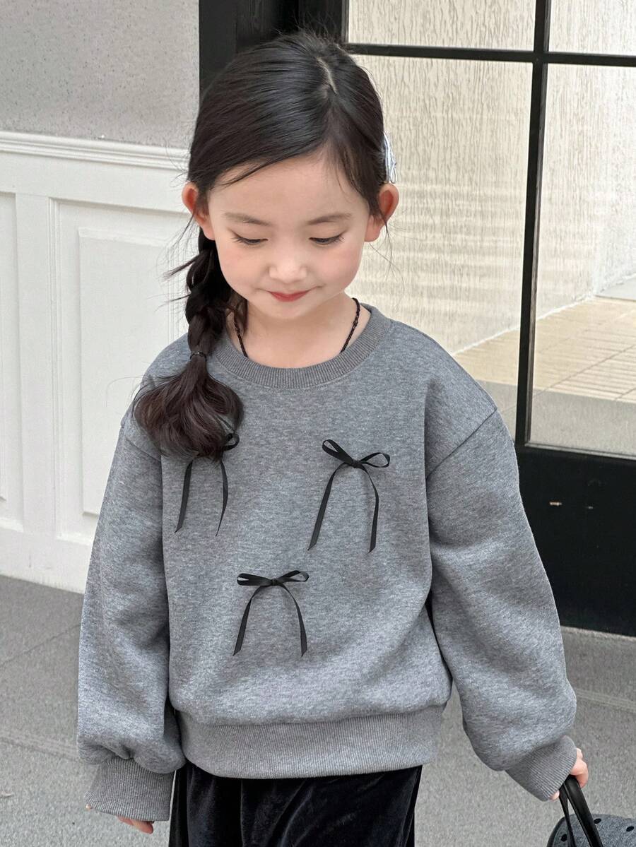 DAZY 女童圆领蝴蝶结吊带韩版长袖卫衣，春秋季 - 灰色 - 查看 1