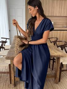 Weeklong Women's Summer Vacation Shirred Waist Tie Sexy Mid-Length Dress - Navy Blue - View 4