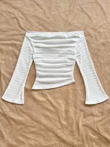 Soleia Women's Light Blue Textured Knit Fabric Ruched Off-Shoulder Flare Sleeve Fitted Casual Top For Vacation, Brunch, Boho White Off Shoulder Top White Off The Shoulder Crop Top White Summer Top White Textured Top White Long Sleeve Off Shoulder Top - White - View 2
