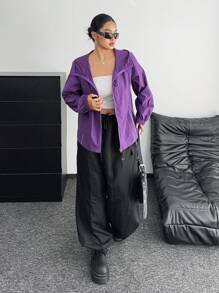 Flirla 大码女式秋冬立领方领连帽夹克，紫色长袖，真口袋，前拉链，夜光，防水，优雅复古休闲运动学院风 - 紫色 - 查看 5