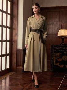 ZEYLAH Fashionable & Elegant Pleated Waist A-Line Long Windbreaker, Autumn/Winter