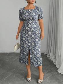 Modelyn Plus Size Elegant Jacquard Puff Sleeve Dress For Summer - Blue - View 4