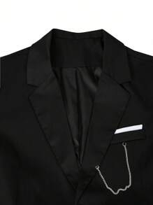 Manfinity Bizformal Men's Simple Solid Color Lapel Collar Chain Decor Black Blazer, Old Money